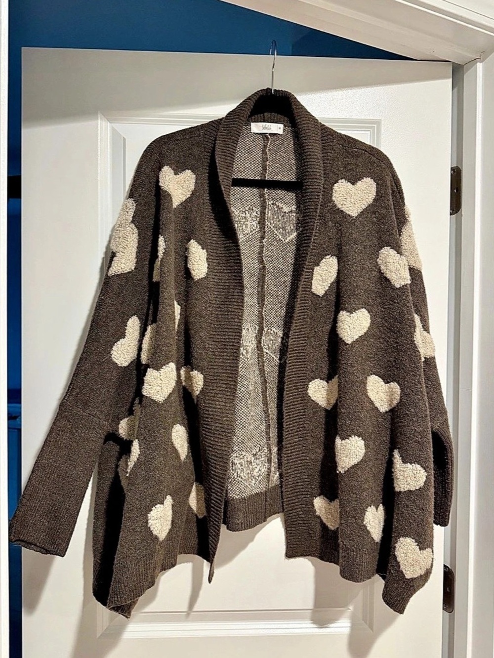 Talulah. Heart Print Open Front oversized Cardigan in Brown & Cream Like New
